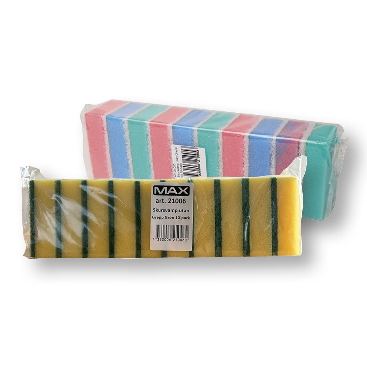 Två rengöringssvampar i färgglada ränder, storlek 5,5x8,5cm, i plastförpackning