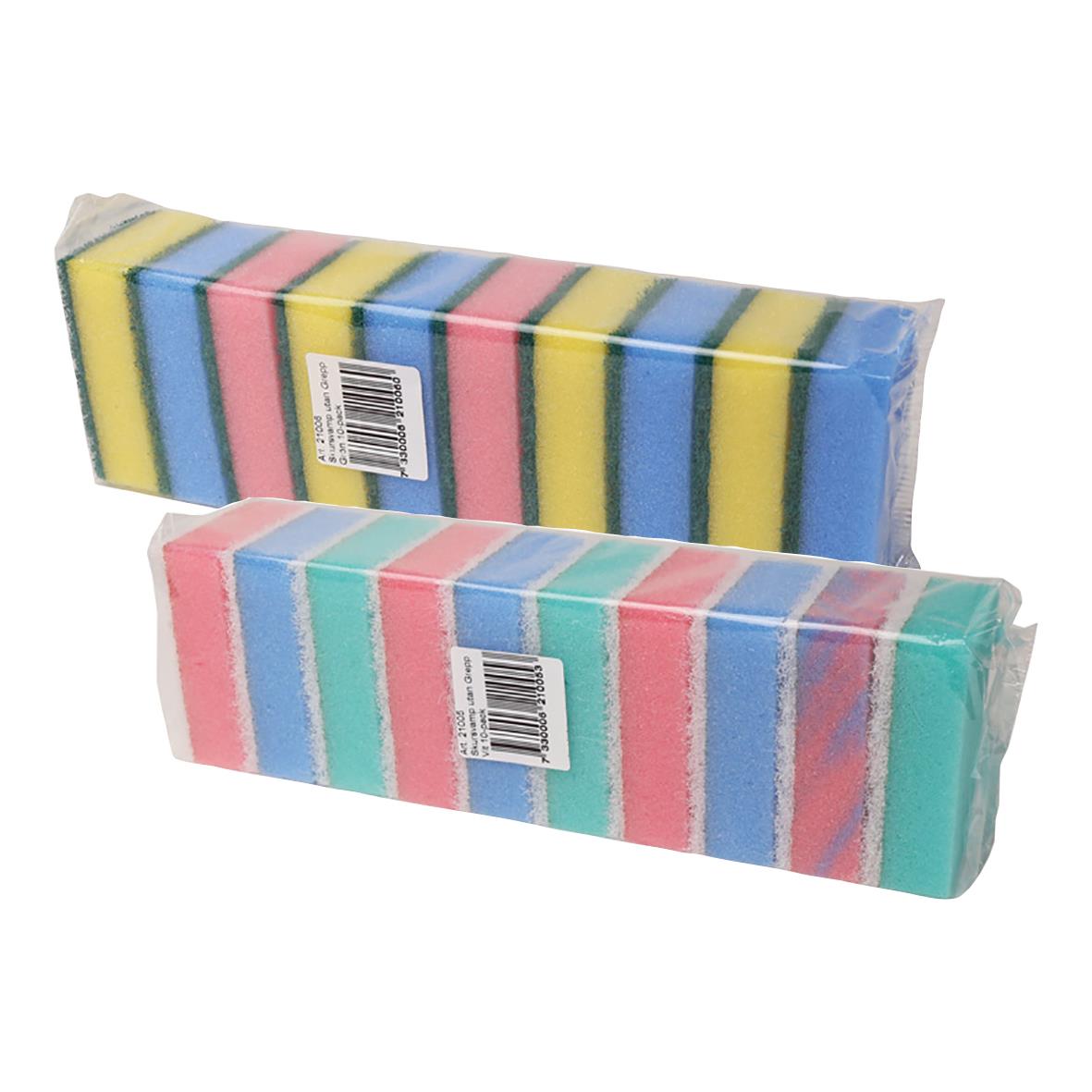 Två rengöringssvampar i färgglada ränder, storlek 5,5x8,5cm, i plastförpackning