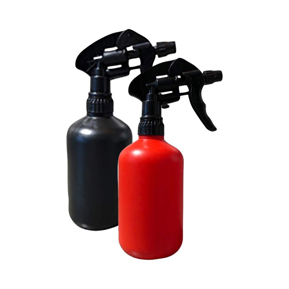 Två sprayflaskor, en svart och en röd, för rengöringsändamål