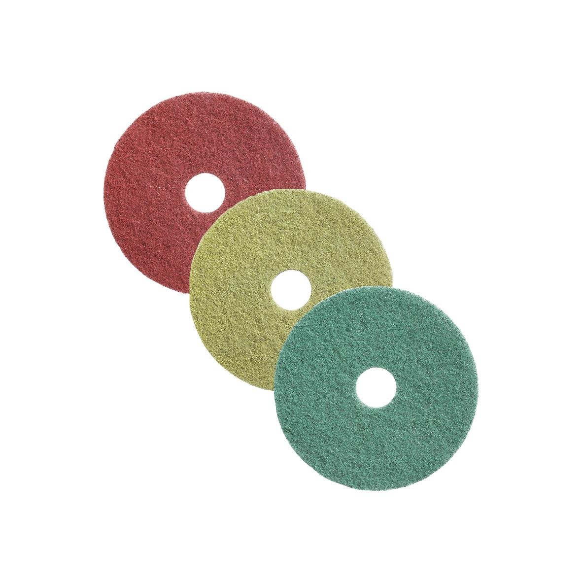 Tre skurrrondell diamantskivor i rött, grönt och blått för slipning och polering