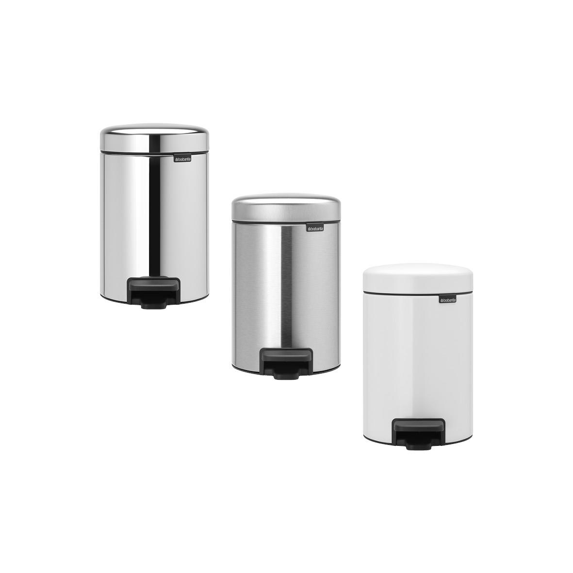 Tre kompakta pedalhinkar Brabantia NewIcon 3L i olika färger