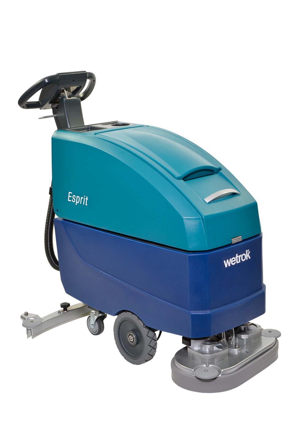 Kombiskurmaskin Wetrok Esprit Dosing i blå och turkos färg med handtag och hjul