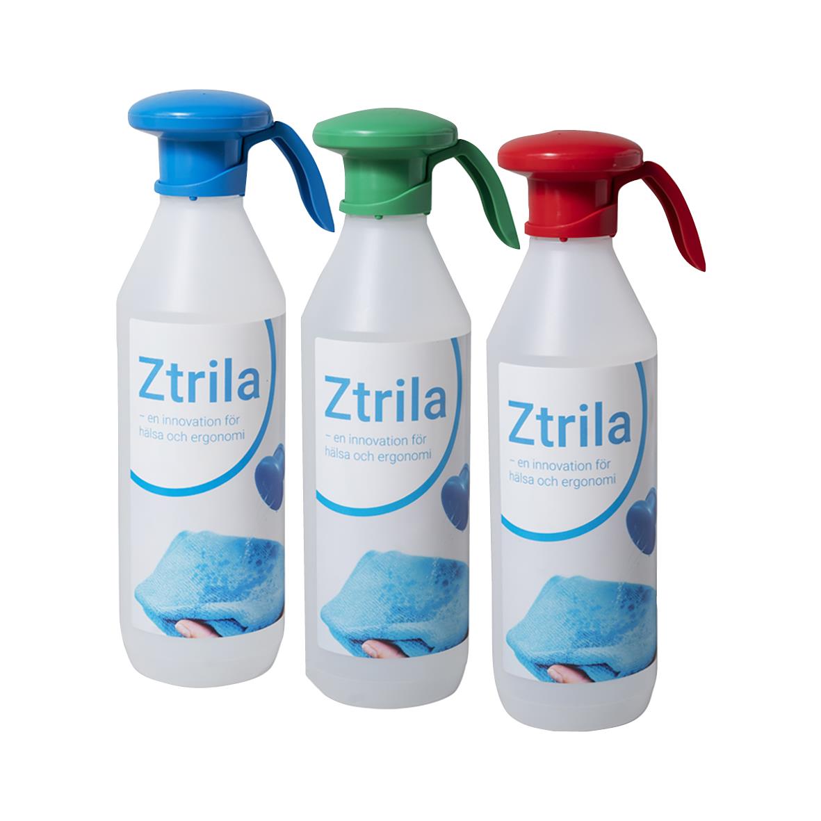 Tre vita vattenflaskor med färgade lock: blå, grönt och rött, Ztrila-märke och bild av en svamp