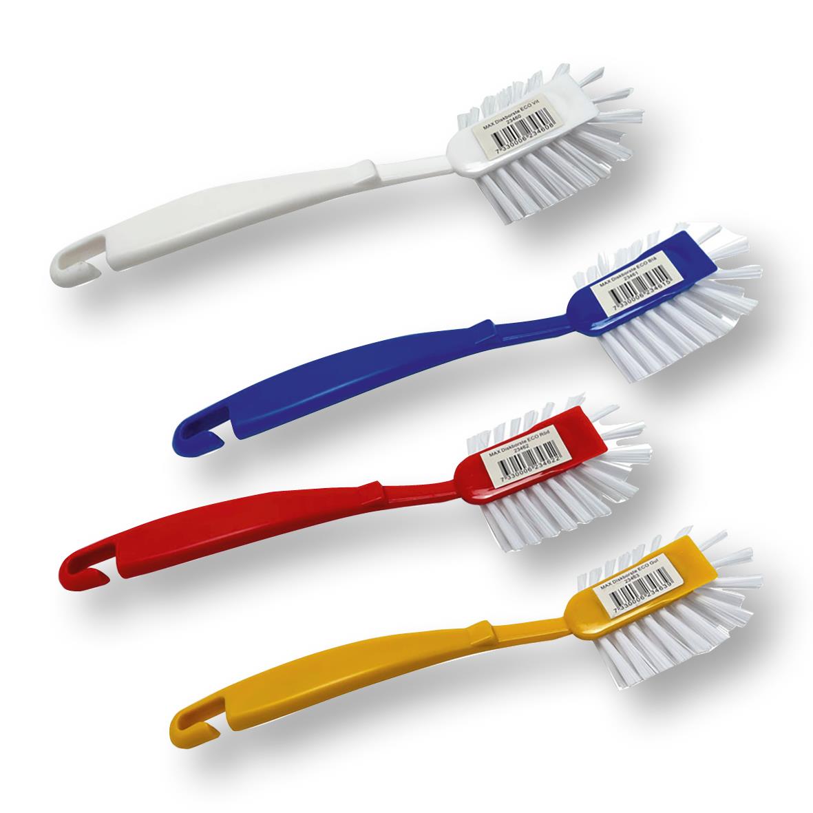 Diskborste Max Eco autoklaverbar i fyra färger: vit, blå, röd och gul, 24 cm lång