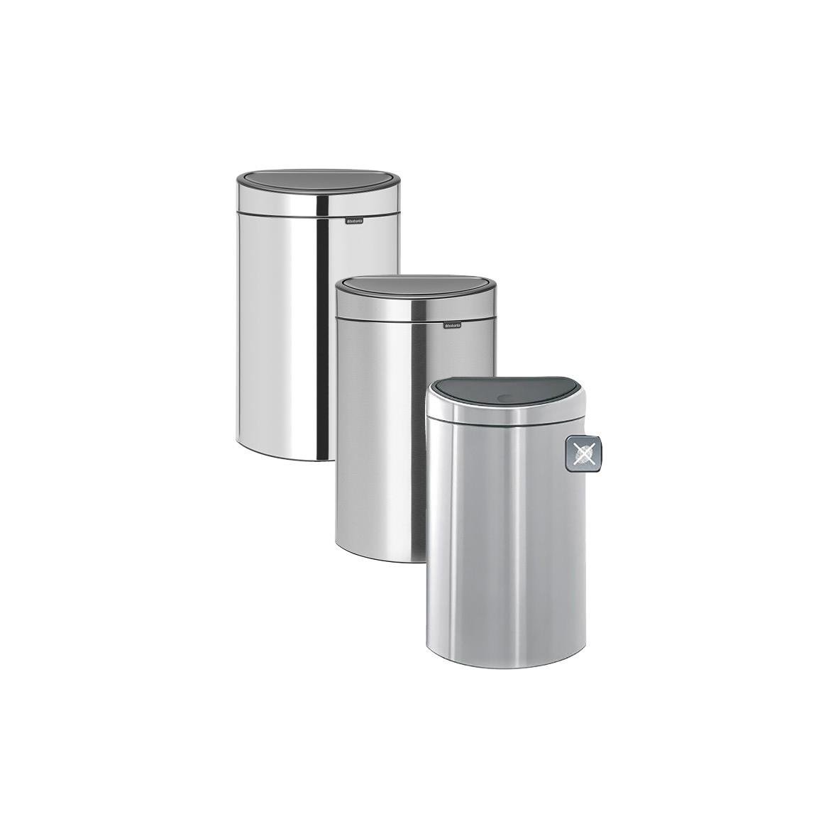 Tre moderna papperskorgar i metall, Brabantia Touch Bin New 40L