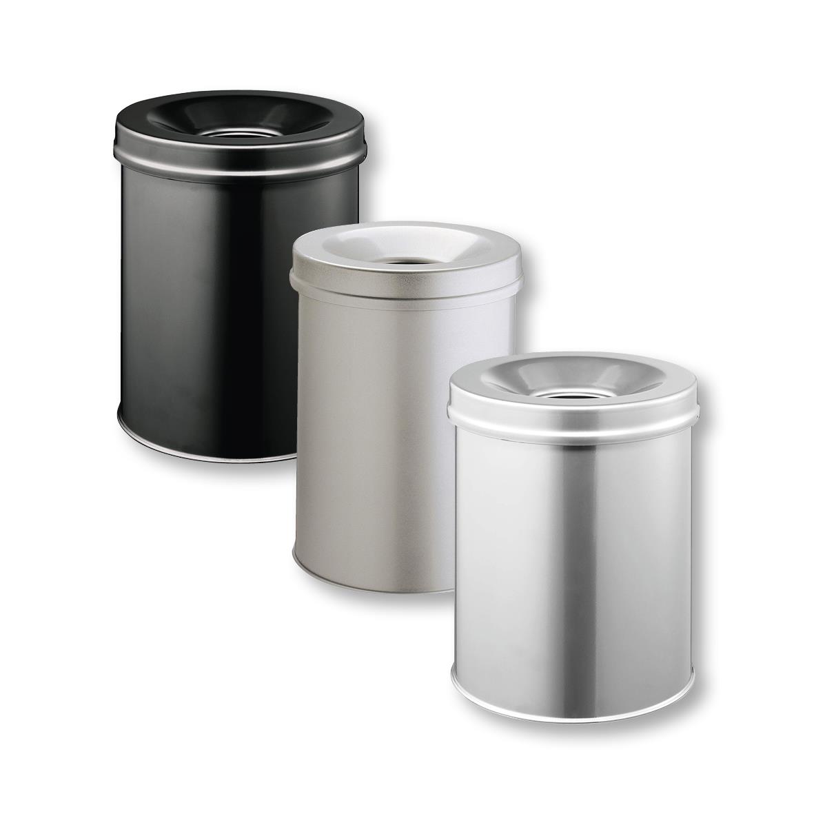 Tre papperskorgar i svart, vitt och silver med lock, kapacitet 15L