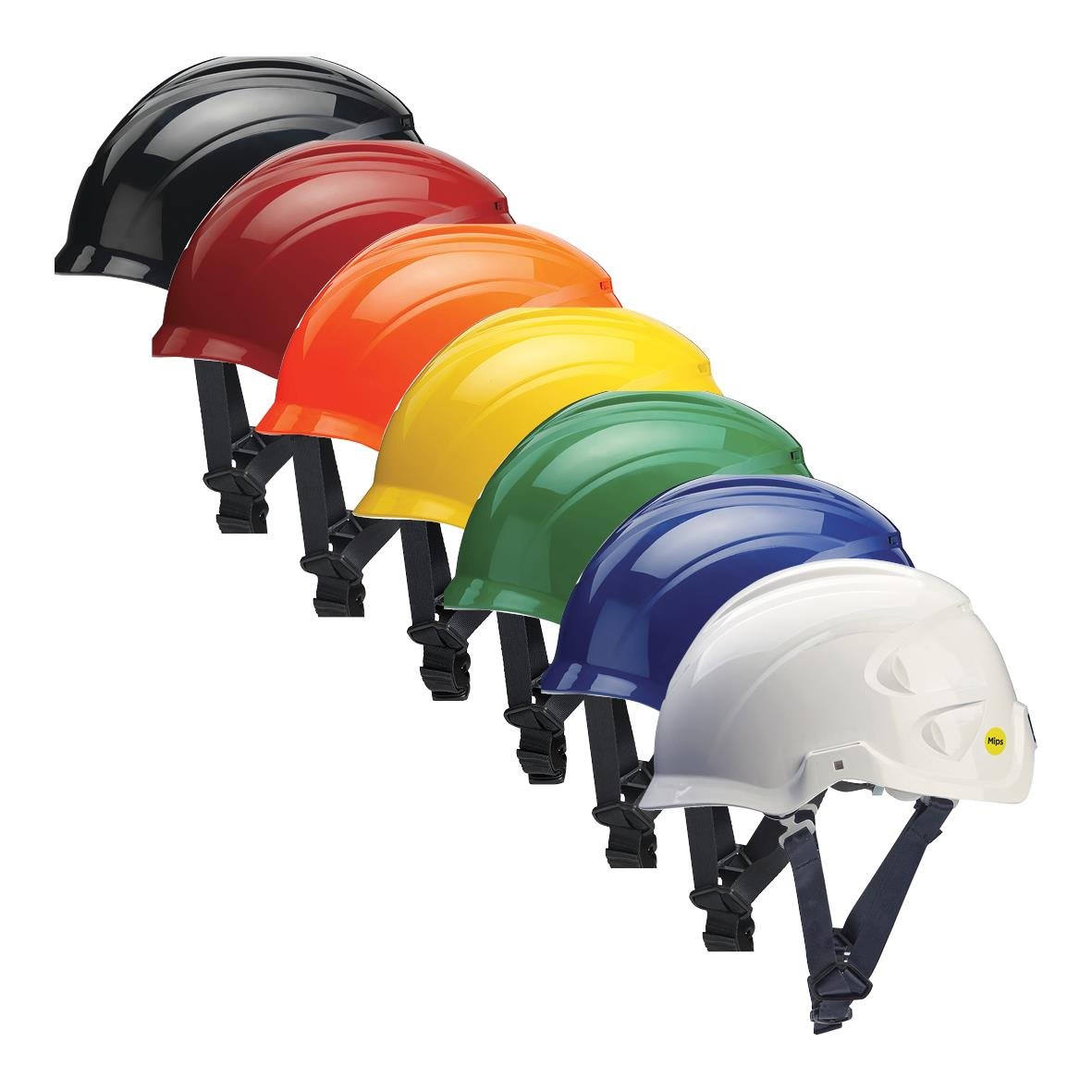 Sju skyddshjälmar i olika färger: svart, röd, orange, gul, grön, blå och vit