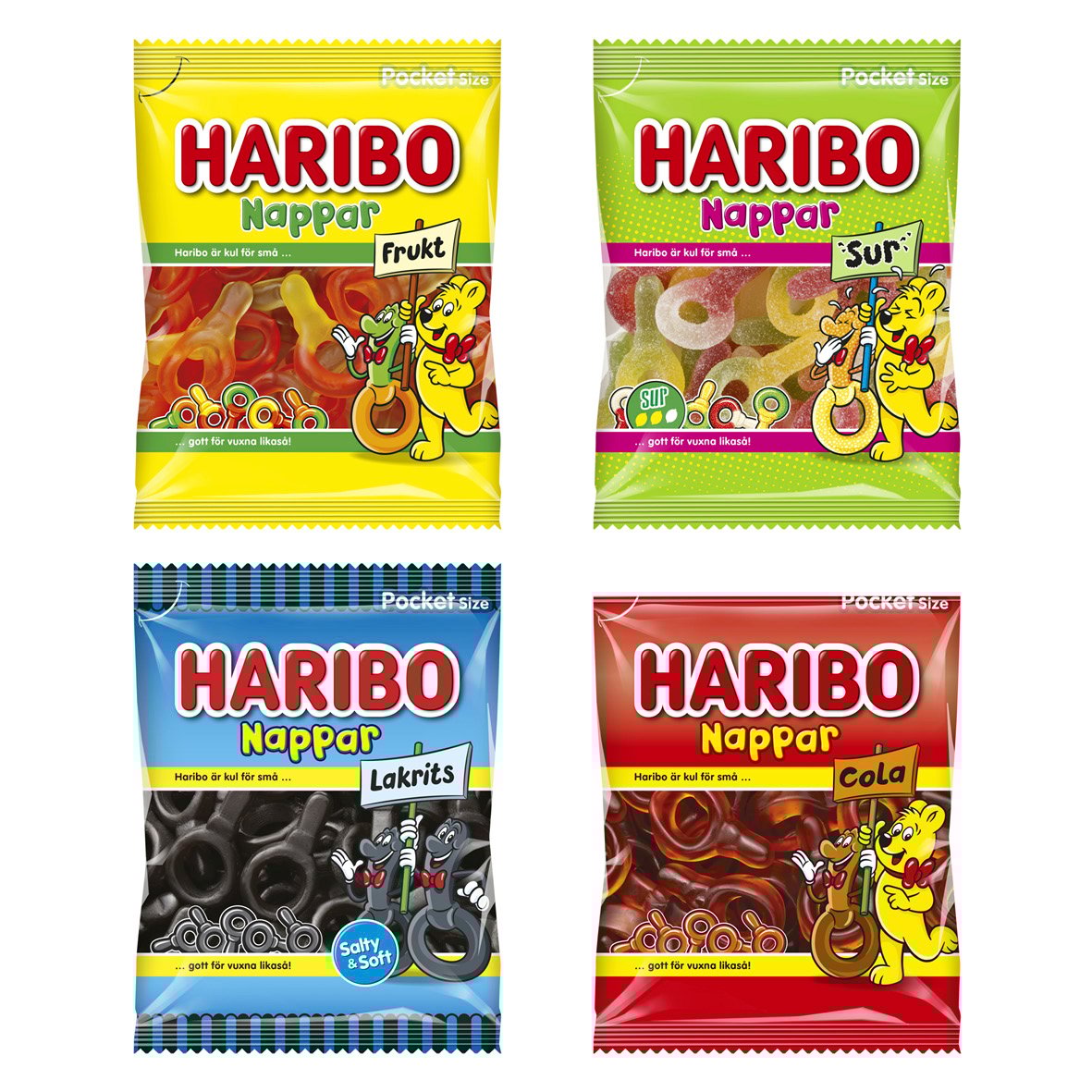 Fyra påsar Haribo Nappar godis i olika smaker och färger, 80g