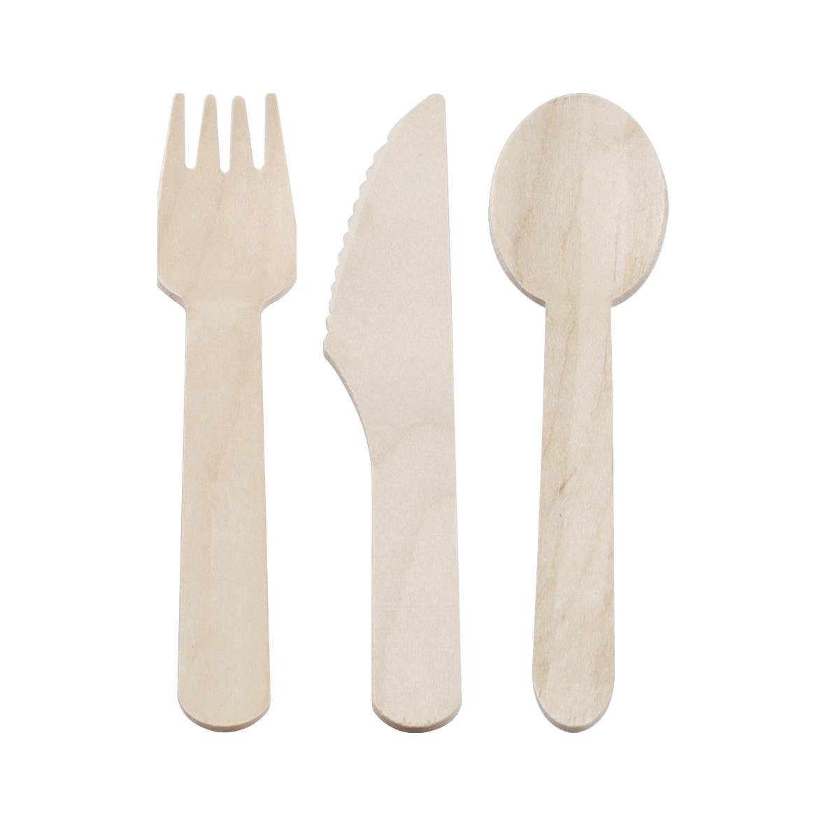 Engångsbestick av trä inklusive gaffel, kniv och sked