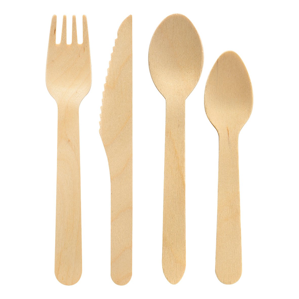 Träbestick bestickset med gaffel, kniv, sked och tesked i naturligt trä