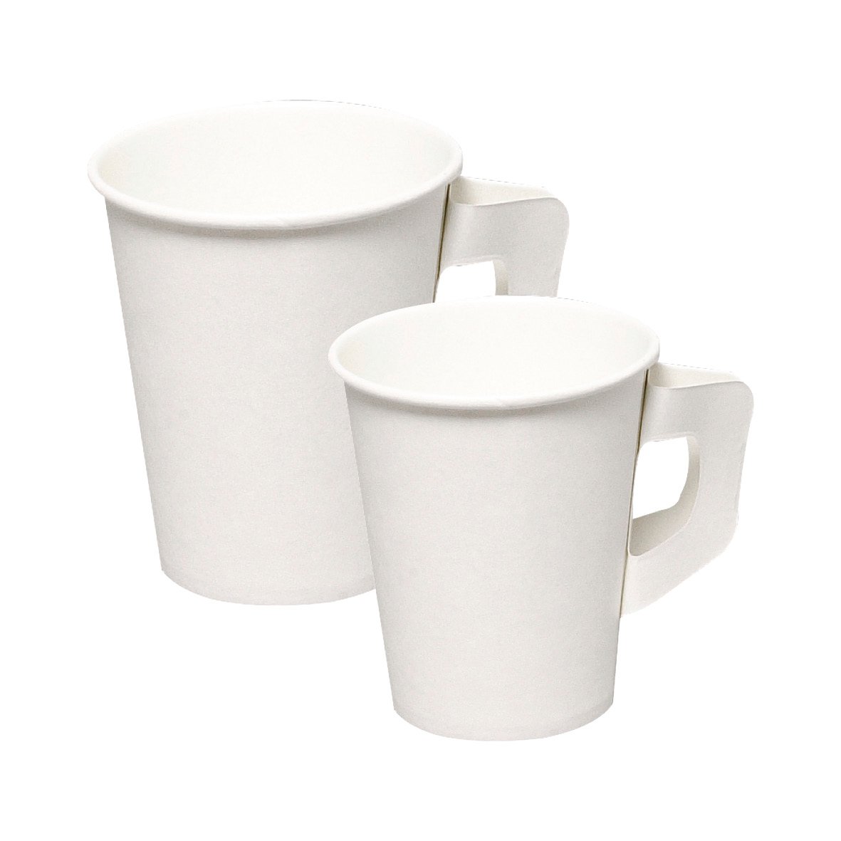 Två vita pappersmuggar med öron, 20cl