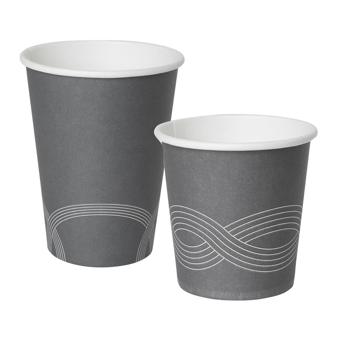 Två grå pappersmuggar Duni Circuit 12cl med vita insidor och vågiga linjer på utsidan