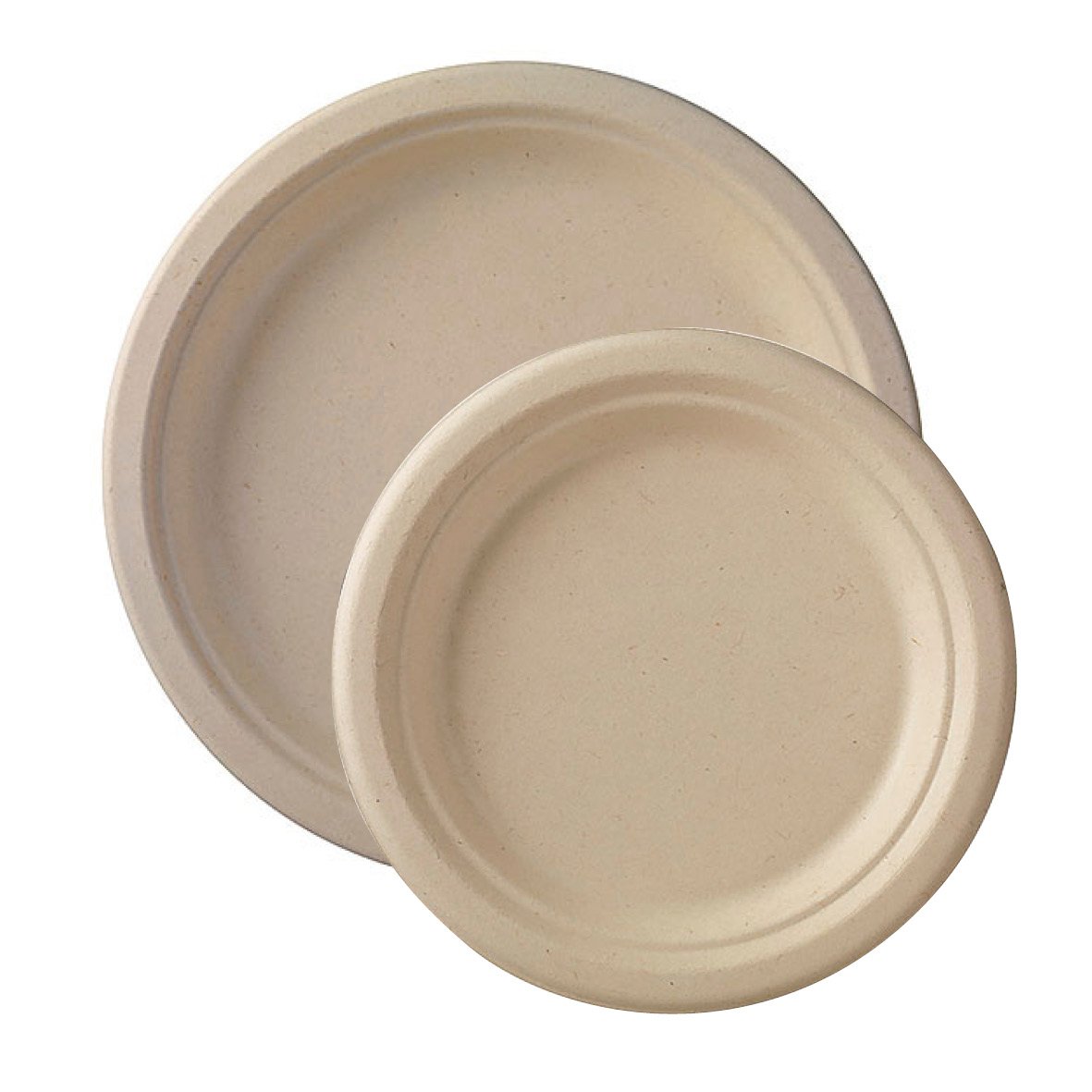 Två papperstallrikar i Duni Flat Bagasse i olika storlekar