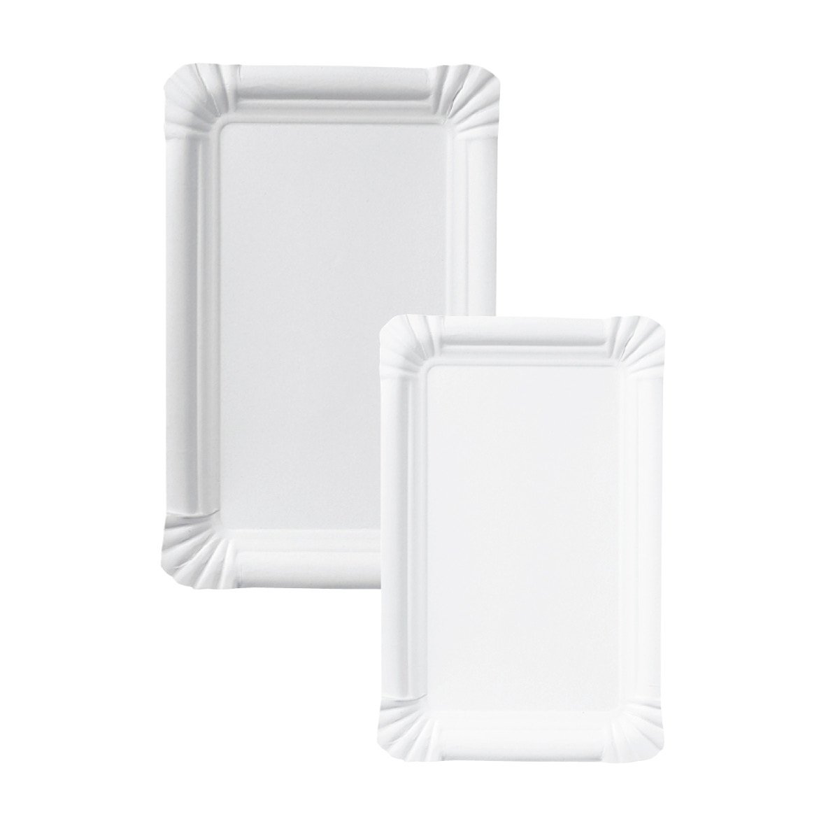 Två vita papperstallrikar i storlek 13x20cm med dekorativa kanter