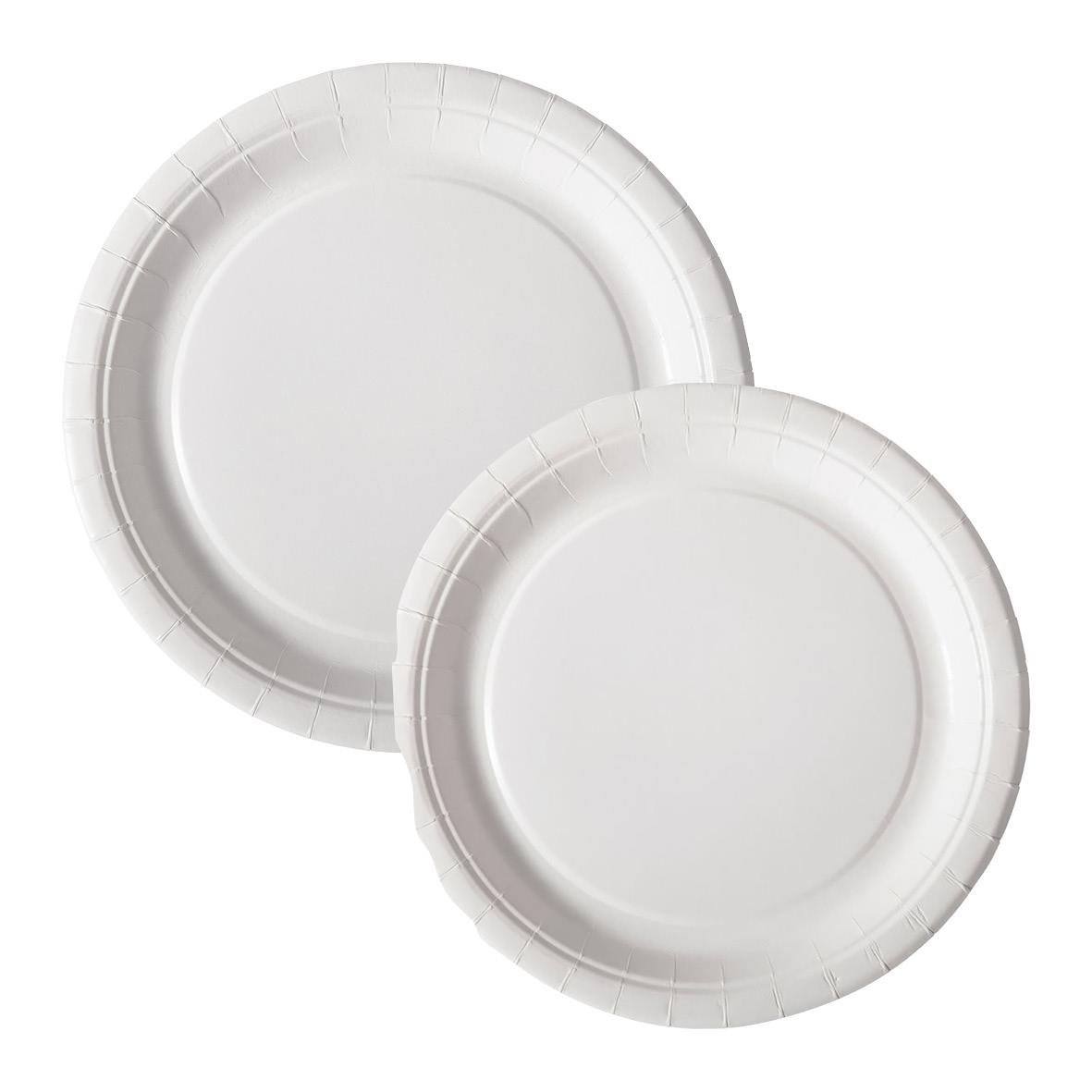Två vita papperstallrikar från Duni, 22 cm i diameter, platta och belagda