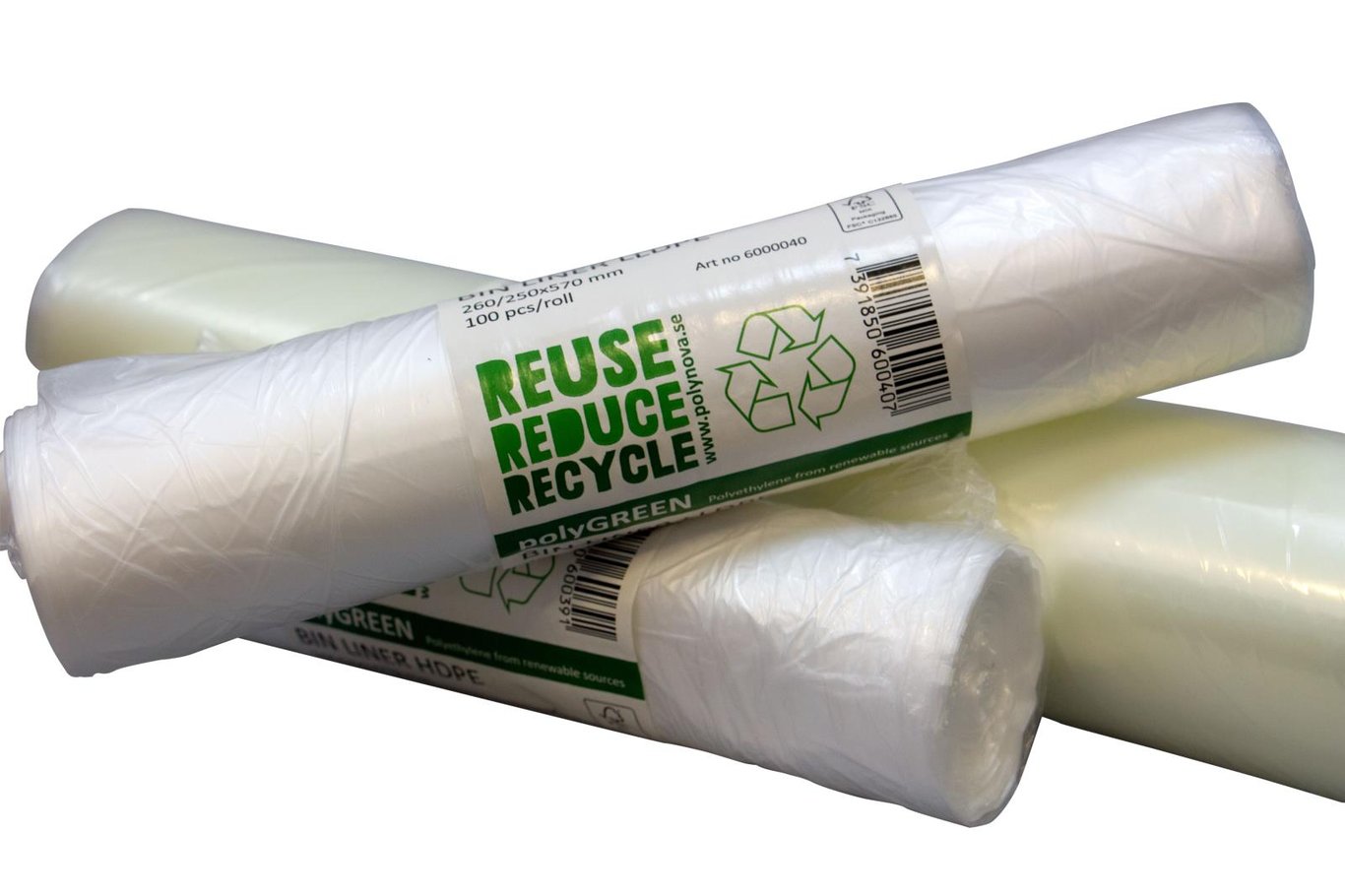 Soppåse av LDPE 30L, 10my, transparent, med gröna återvinningssymboler