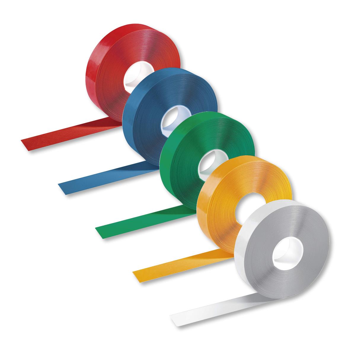 Färgglada golvtejp-rullar i rött, blått, grönt, gult och vitt