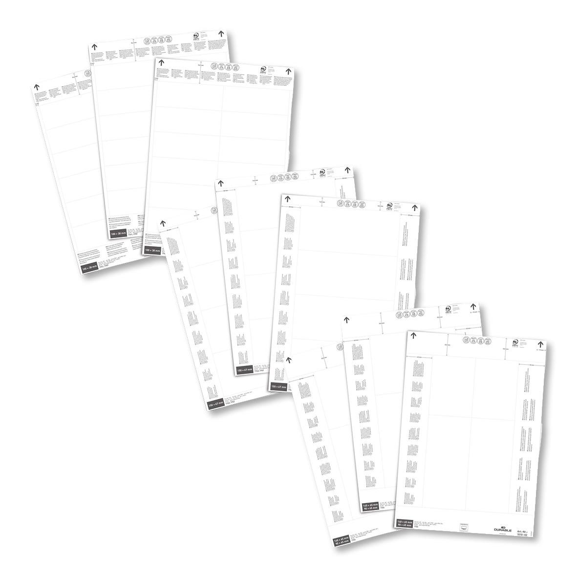 Vit etikettark för etikethållare, flera blad med tomma etiketter