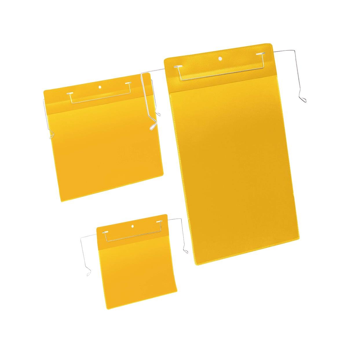 Gula plastfickor i olika storlekar med trådbygel för A4-dokument