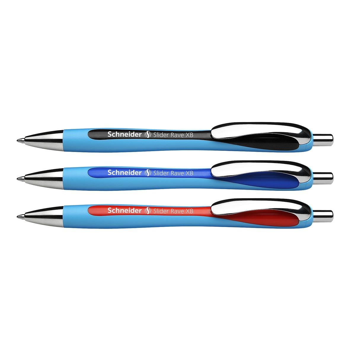 Tre kulspetspennor i blå, ljusblå och rosa med svart clip och text Schneider Slider Rave XB