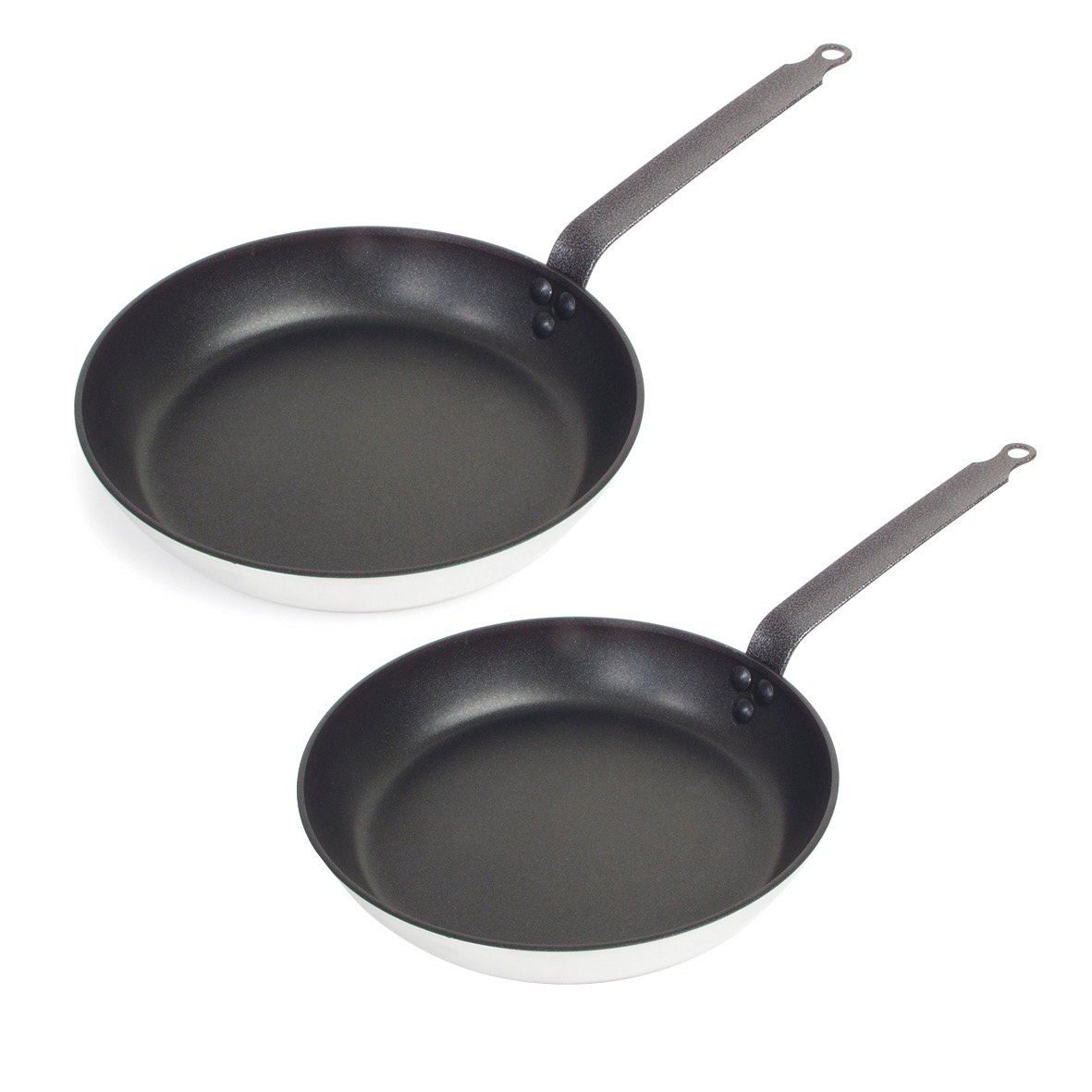Två stekpannor Exxent Nonstick Aluminium med svarta non-stick ytor och långa handtag