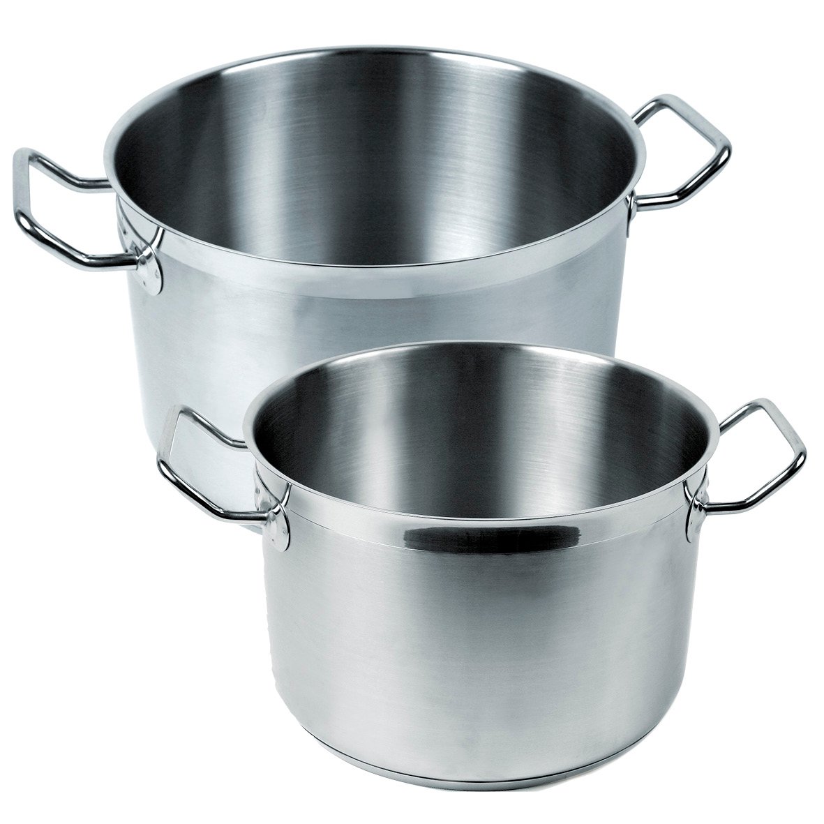 Två halvhöga rostfria kastruller med handtag