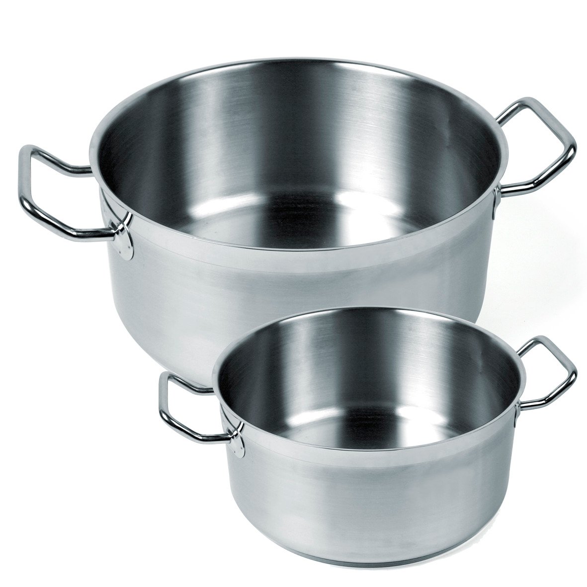 Två rostfria kastruller i olika storlekar med handtag