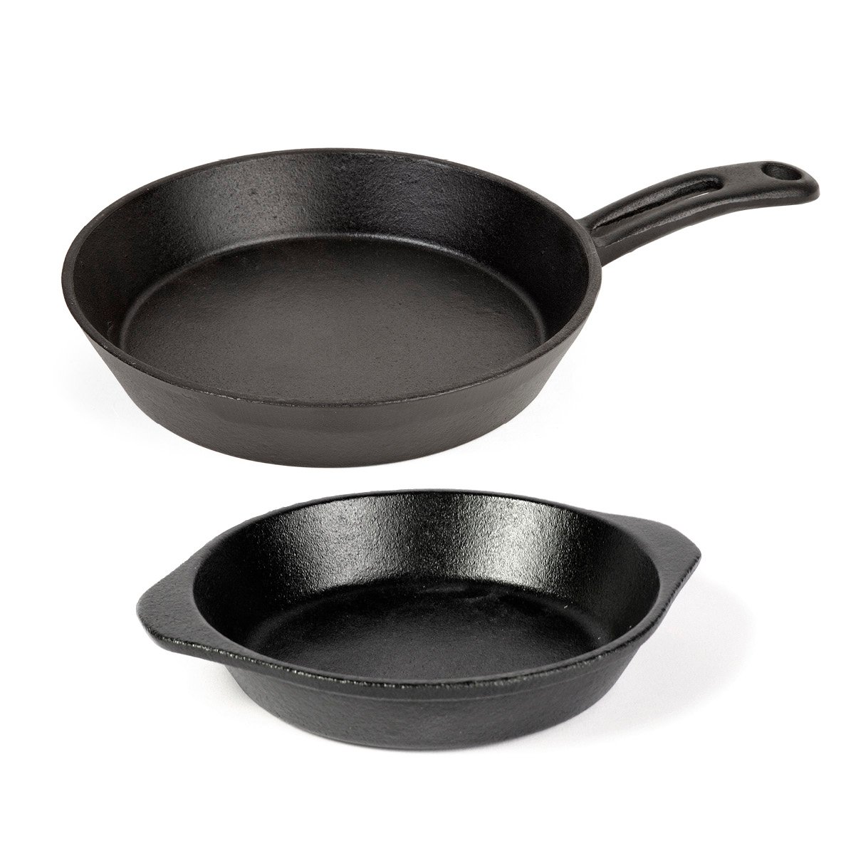 Rund gjutjärnsform och stekpanna i svart, rund form