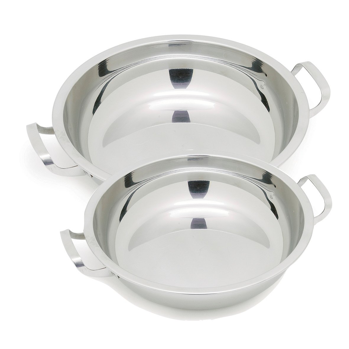 Två rostfria karottar med handtag, glänsande yta och rund form