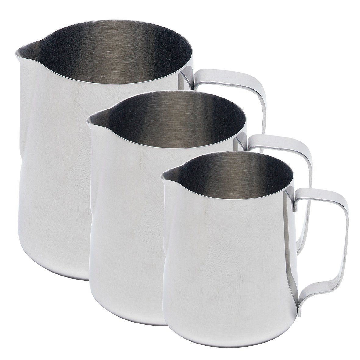 Tre rostfria tillbringare i olika storlekar med vita handtag