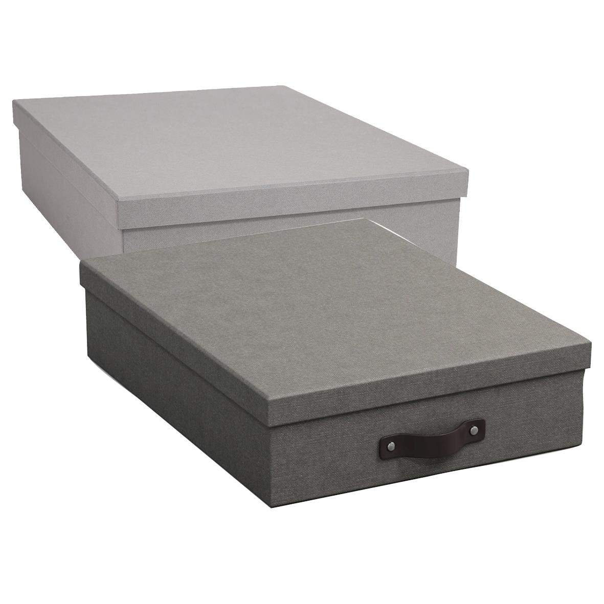 Två stora förvaringsboxar i grått, en med lock och handtag, för A4-dokument