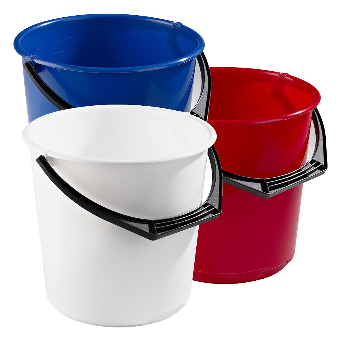 Tre hinkar i blå, röd och vit färg med svarta handtag, kapacitet 10 liter