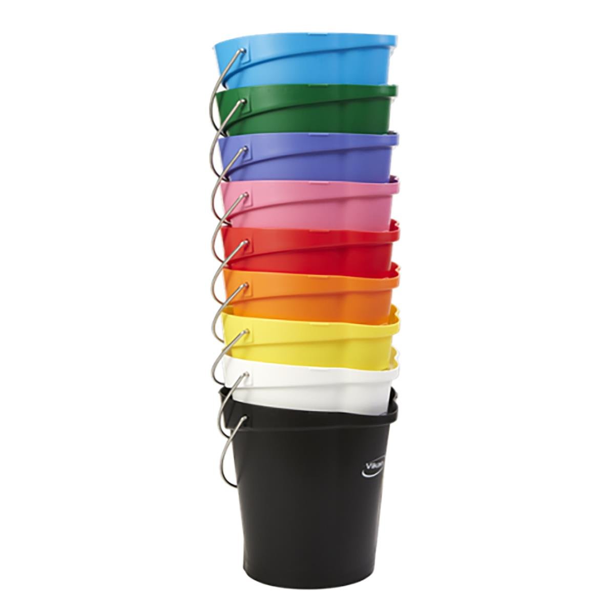 Flera färgglada hinkar staplade, blå, grön, lila, rosa, röd, orange, gul, vit och svart, 12 liter