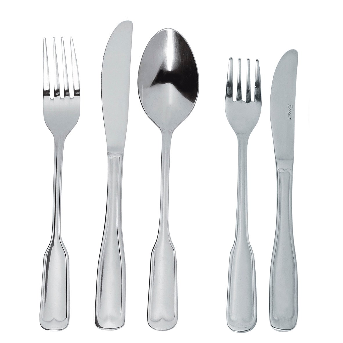 Bestick av rostfritt stål inklusive gaffel, kniv, sked, mindre gaffel och mindre kniv