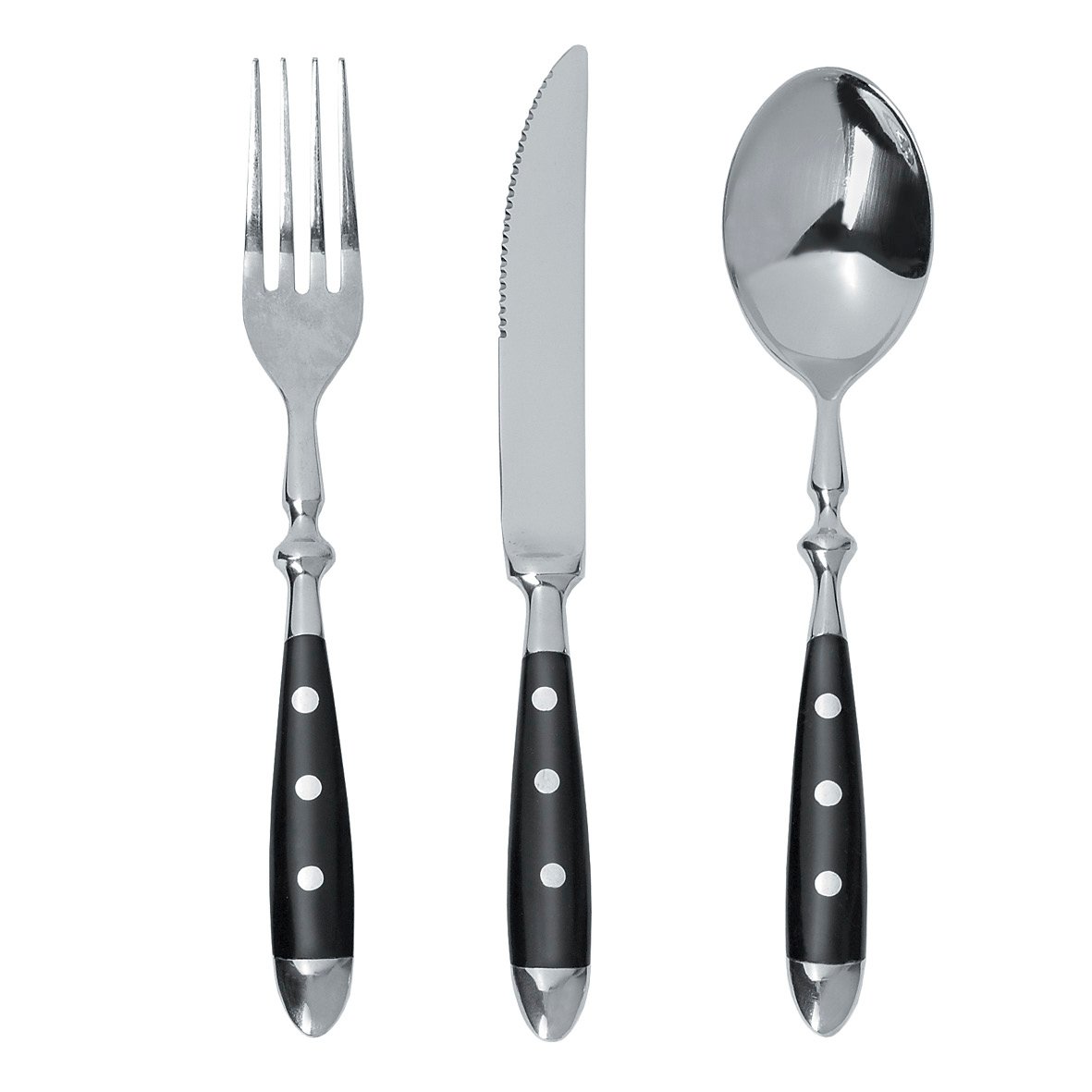 Gourmet bestick: gaffel, kniv och sked med svarta handtag och vita prickar