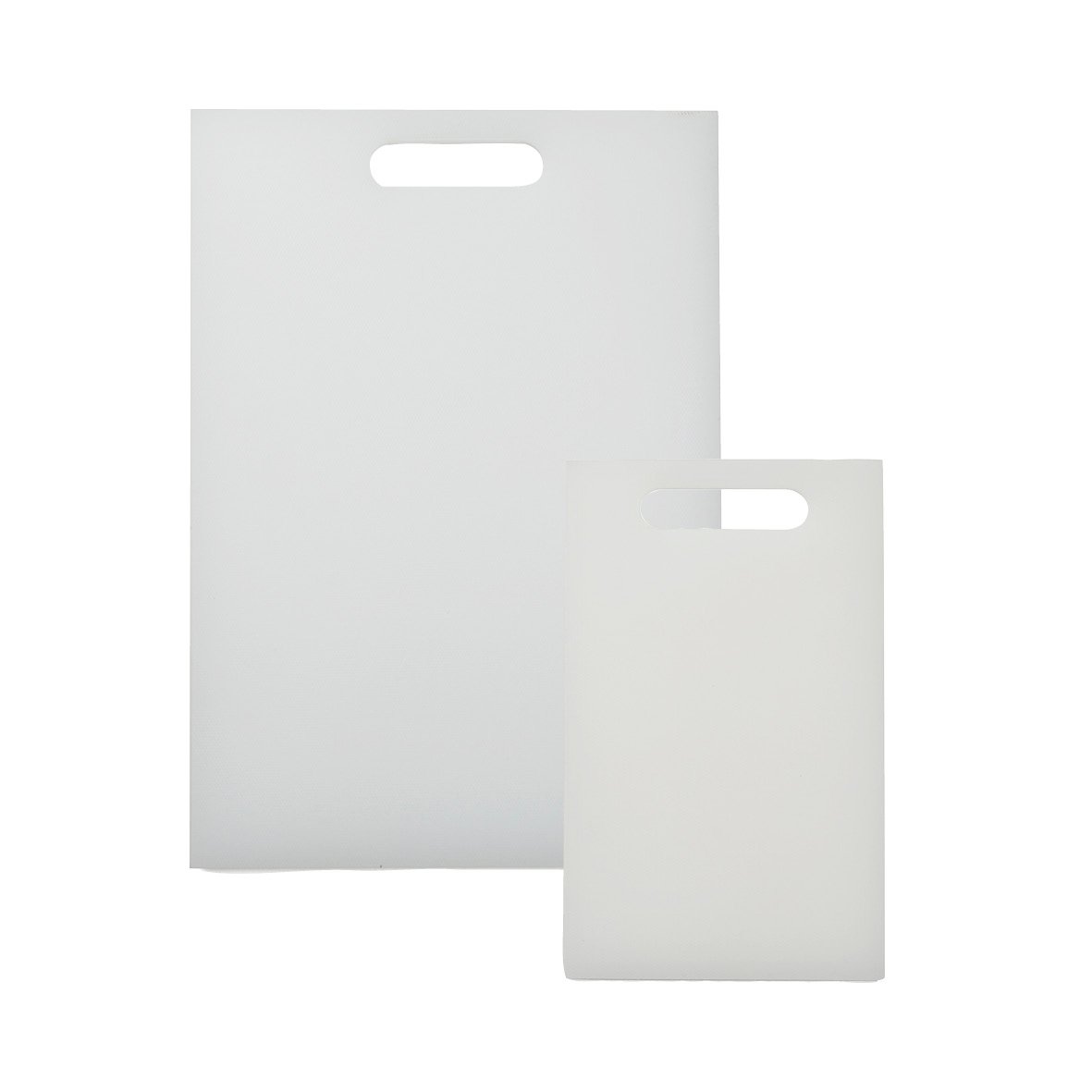 Två vita skärbrädor med handtag, en större och en mindre