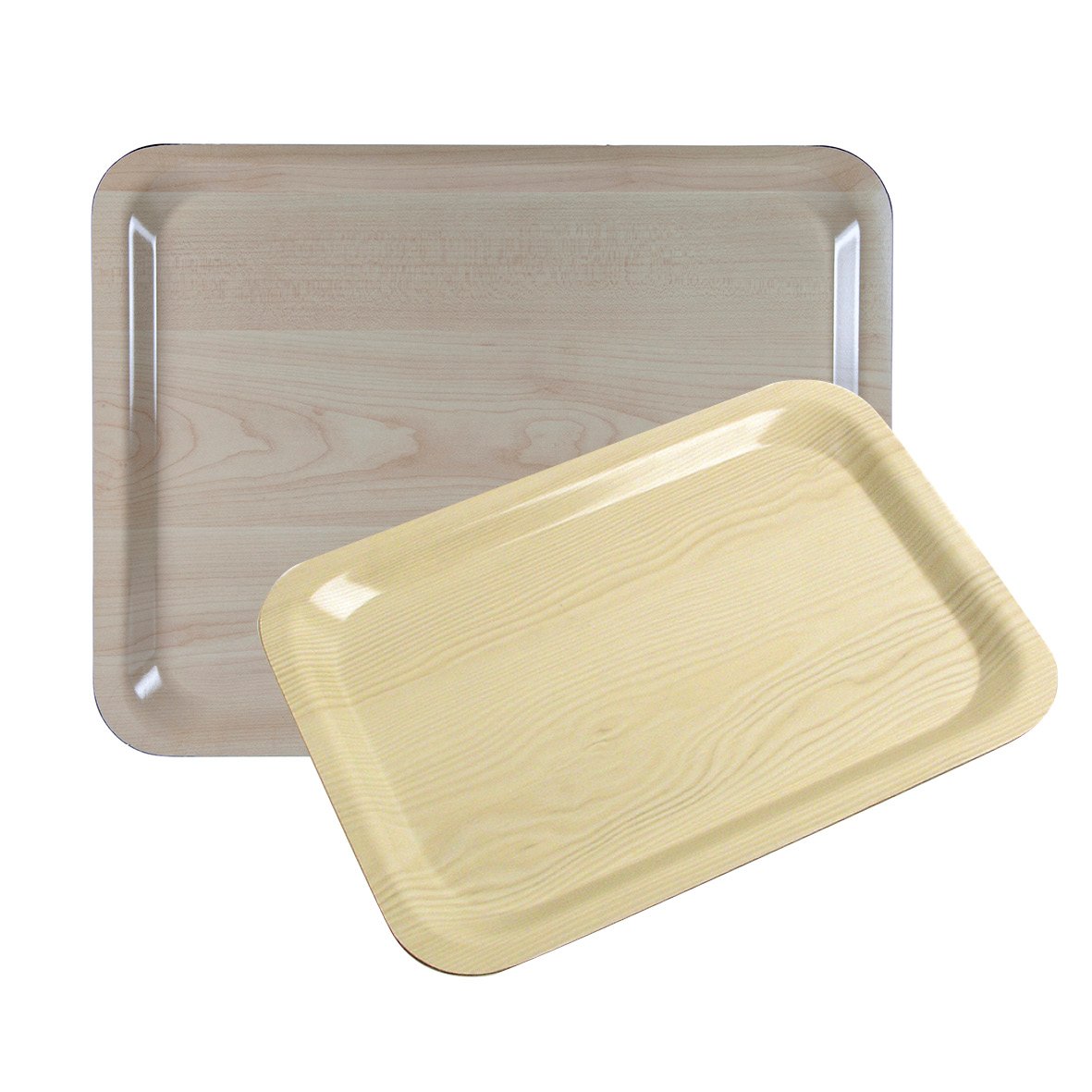 Två brickor i björklaminat, en stor och en mindre, med träliknande yta