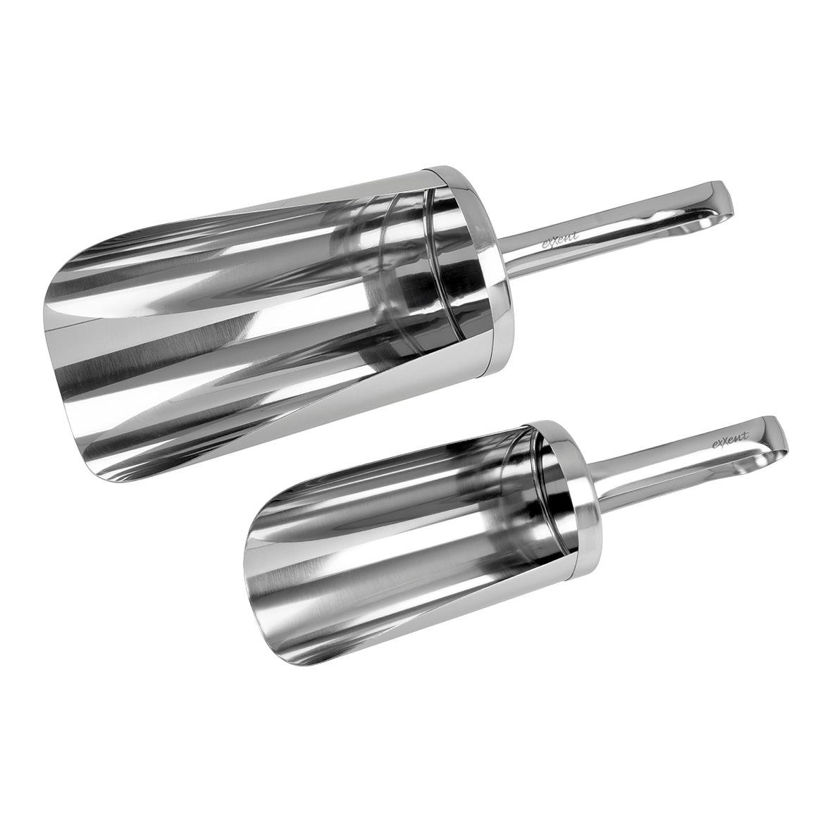 Två rostfria speceriskopar i olika storlekar