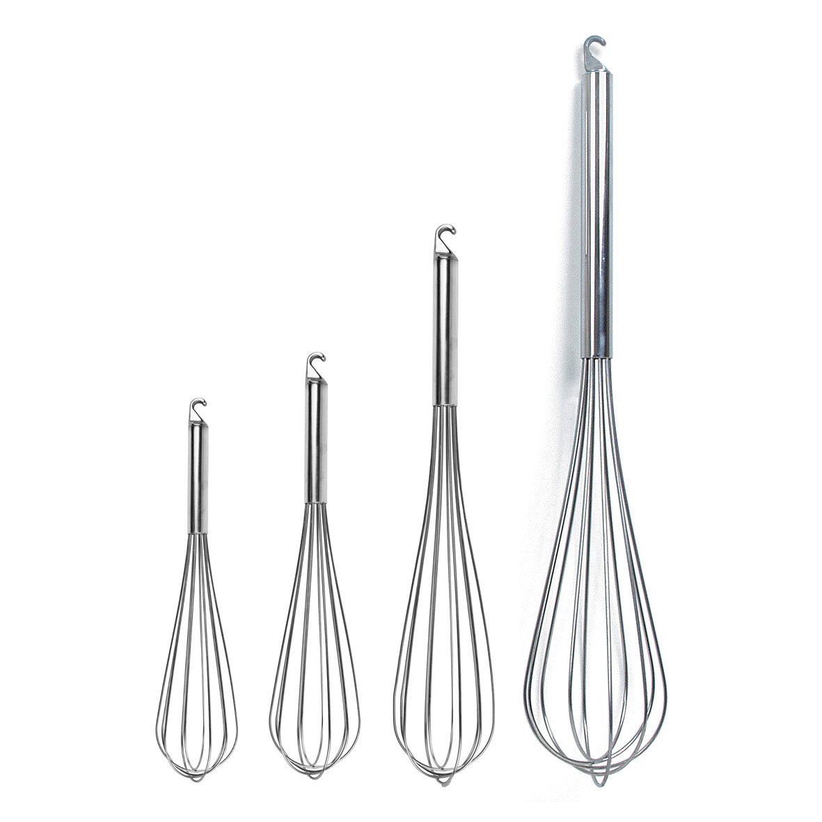 Fyra rostfria ballongvispar i olika storlekar