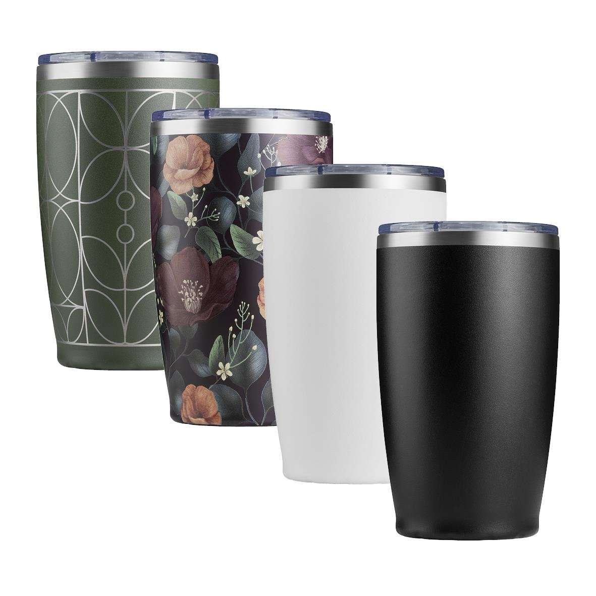 Fyra termosmuggar i olika mönster och färger, inklusive grönt, blommigt, vitt och svart