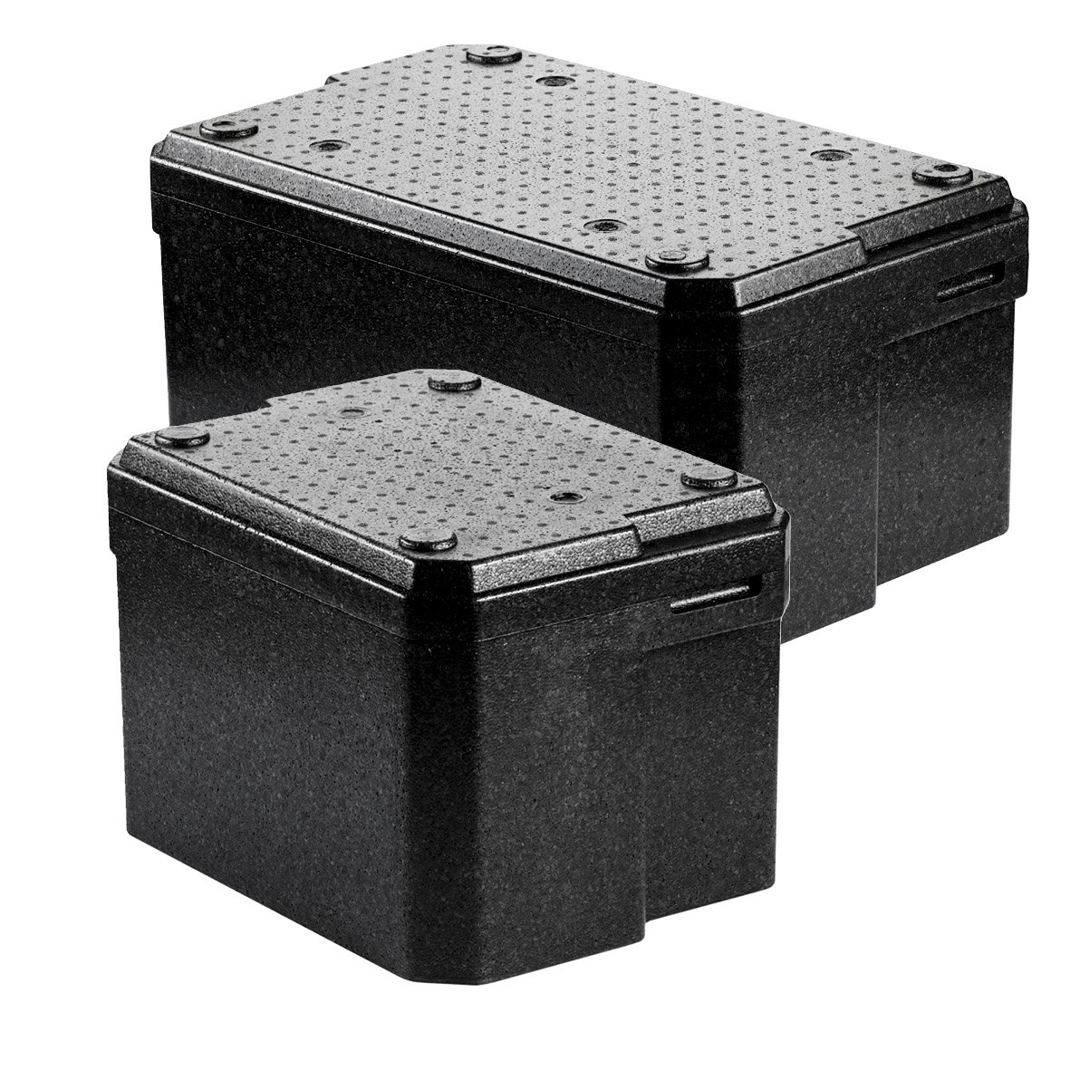 Två svarta Termobox Duniform i olika storlekar