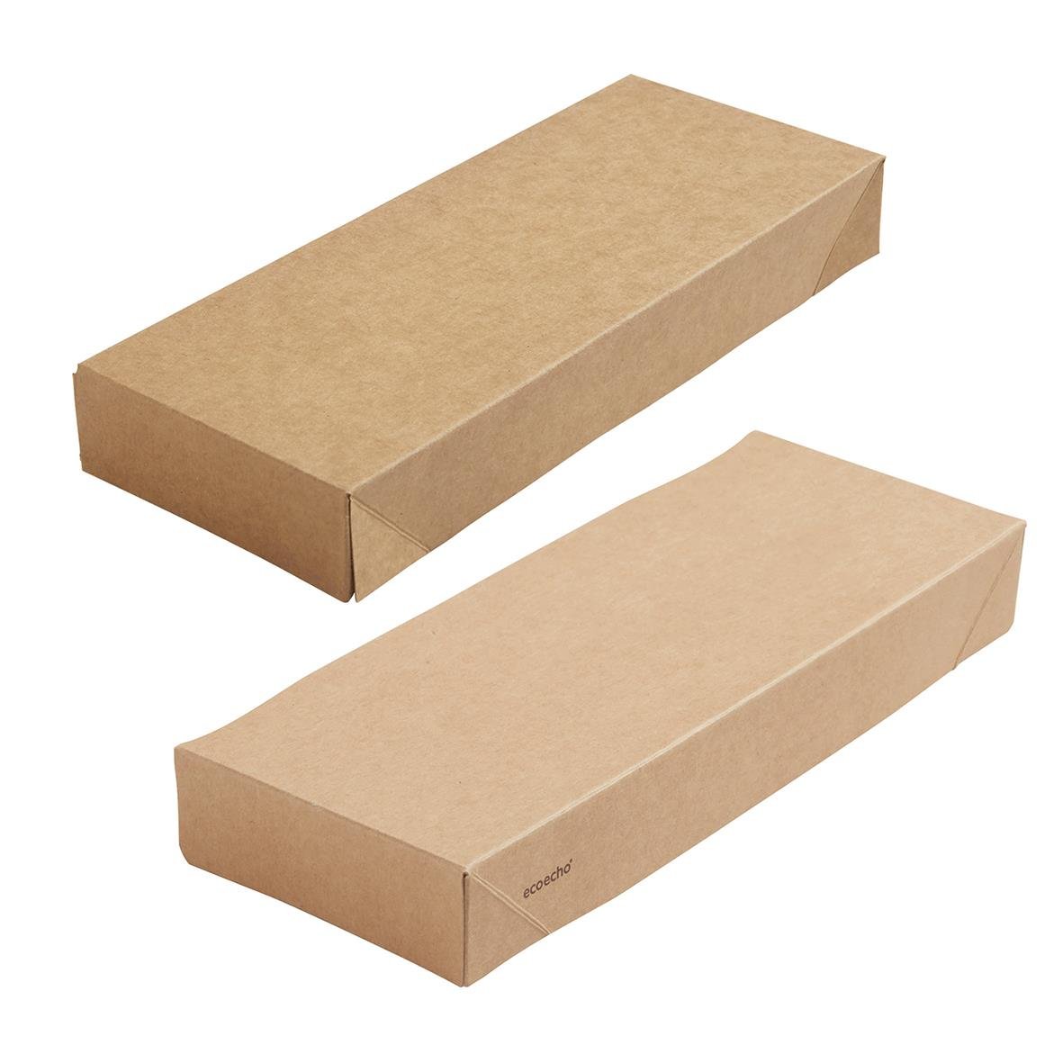 Två lådor av brunt kartongmaterial, rektangulära och släta, staplade på varandra