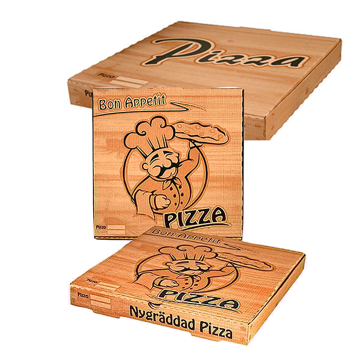 Träfärgad pizzakartong med illustration av kock och text PIZZA