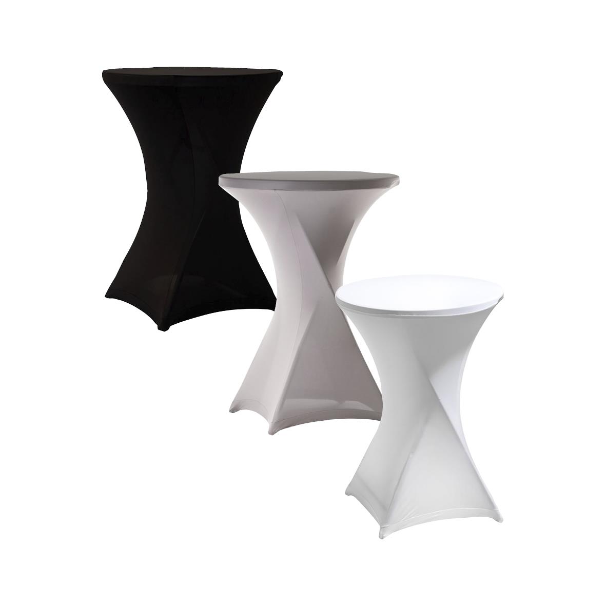 Tre överdrag till runda ståbord i svart vitt och transparent, passar bord med diameter 70-80 cm och höjd 110 cm