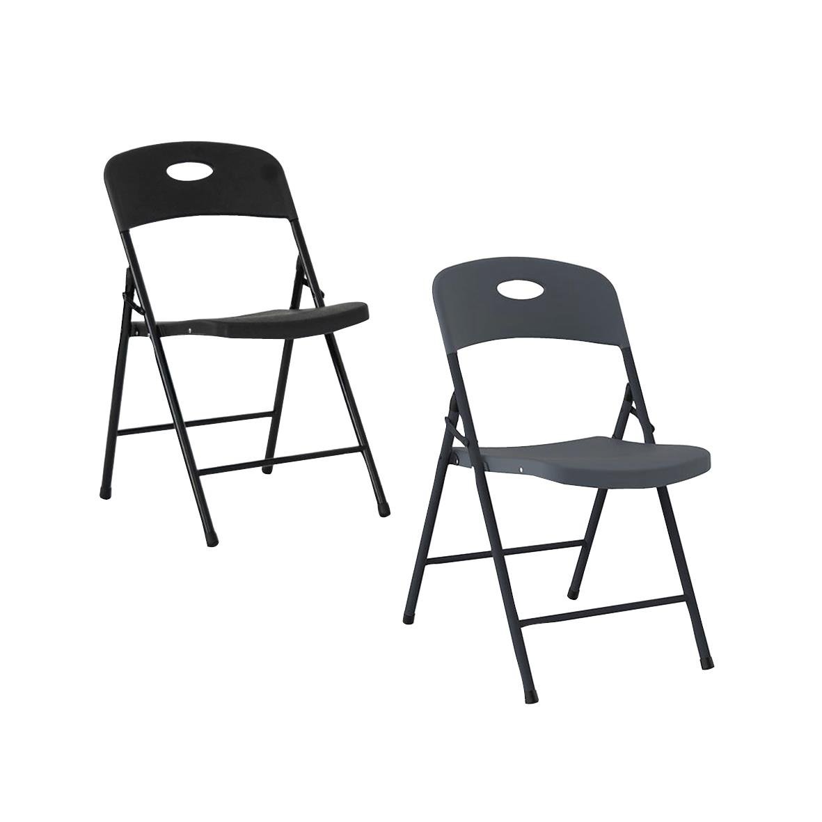 Fällbar stol i svart och grå med hål i ryggstödet