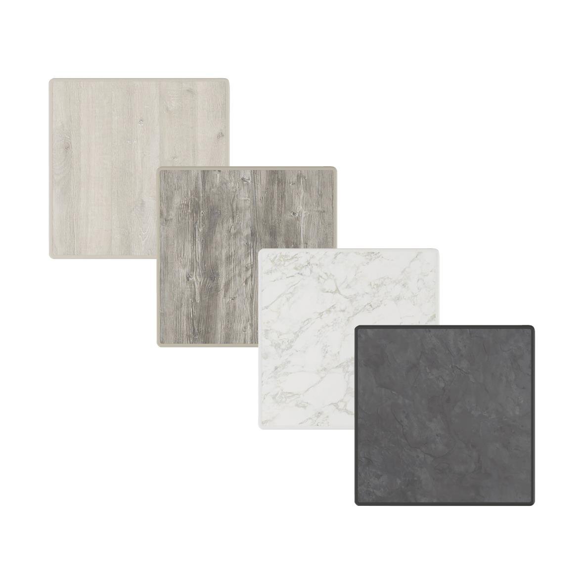 Fyra fyrkantiga bordsskivor i olika material och färger, storlek 70x70mm