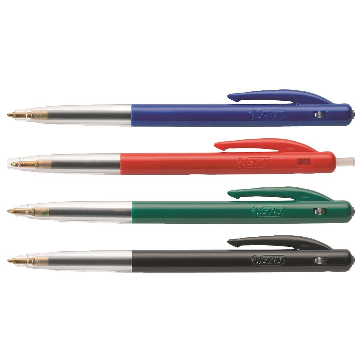 Fyra kulspetspennor i blå, röd, grön och svart färg