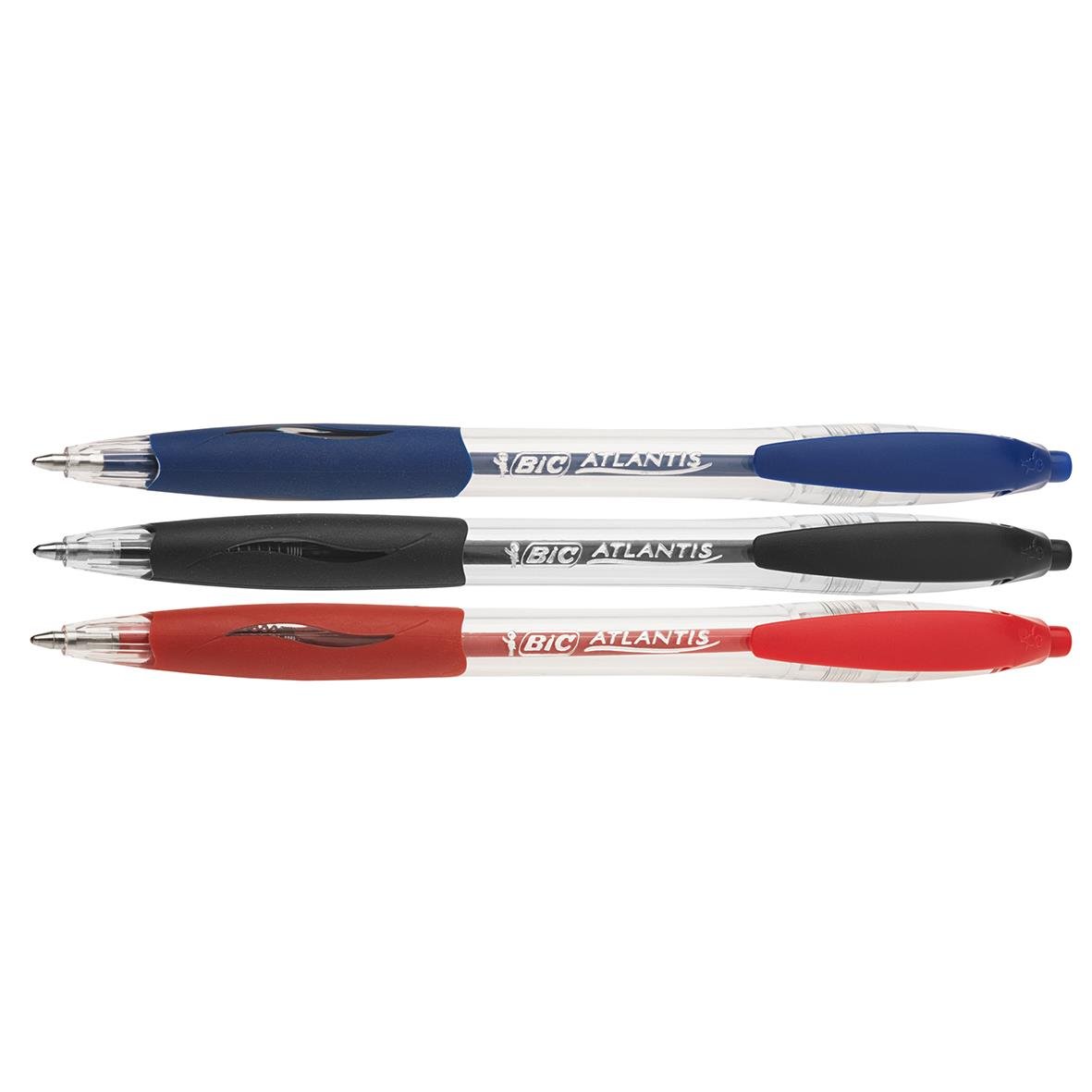 Tre Bic Atlantis Medium kulspetspennor i blå, svart och röd färg