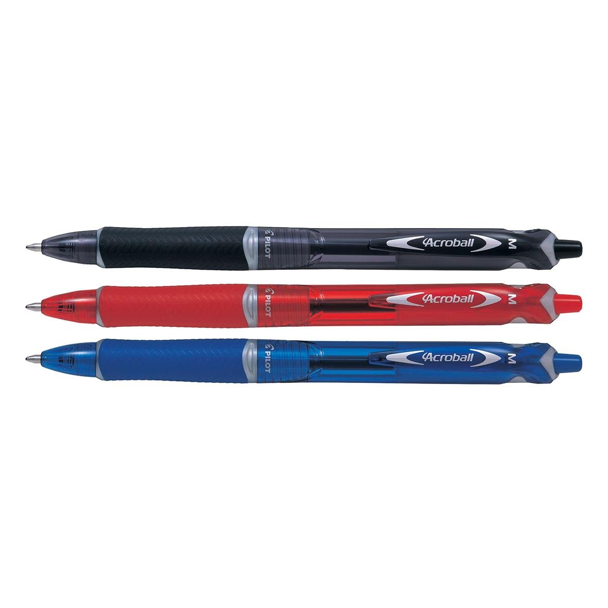 Tre kulspetspennor i svart, rött och blått Pilot Acroball 1.0