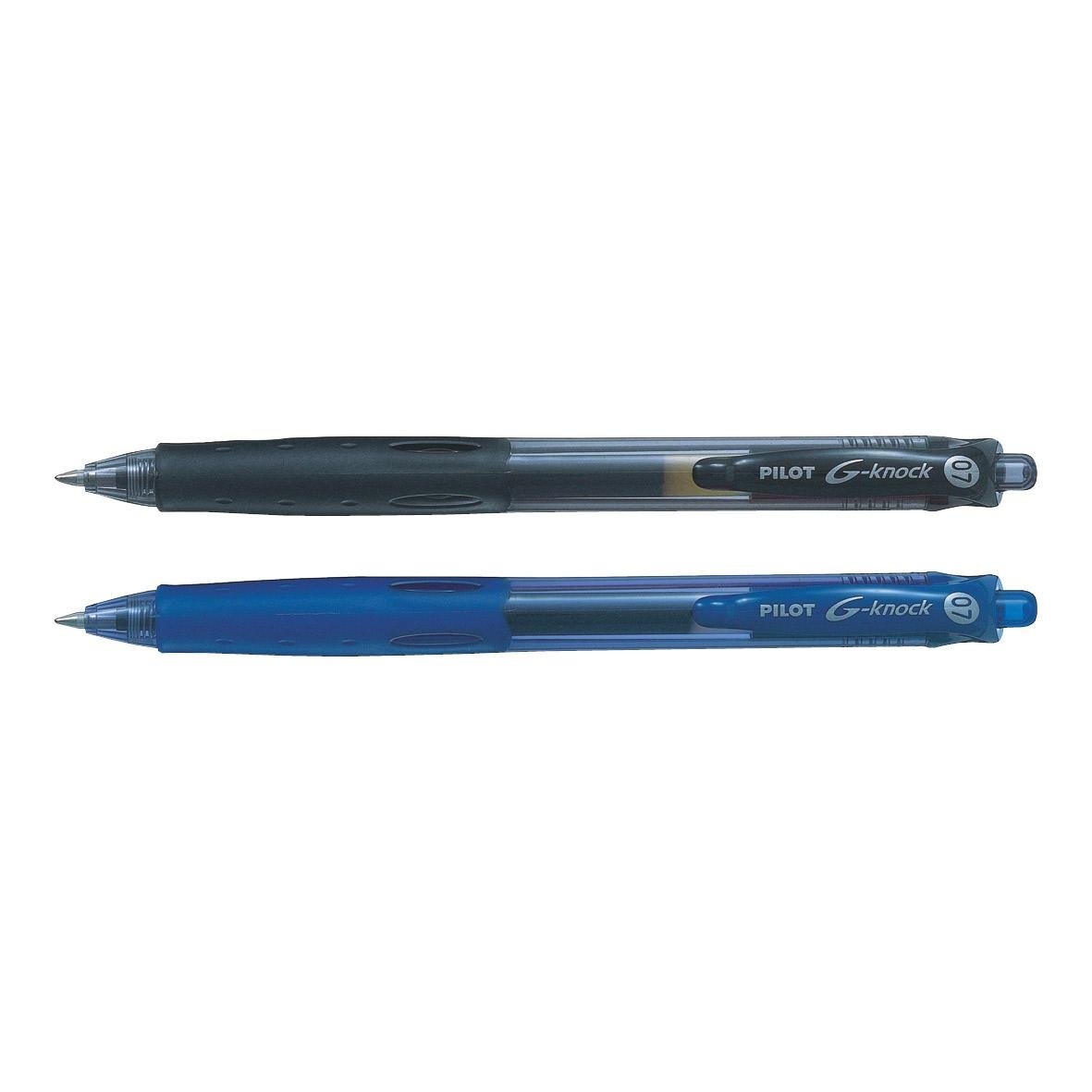 Två Pilot G-Knock gelpennor, en svart och en blå, med 0,7 mm spets
